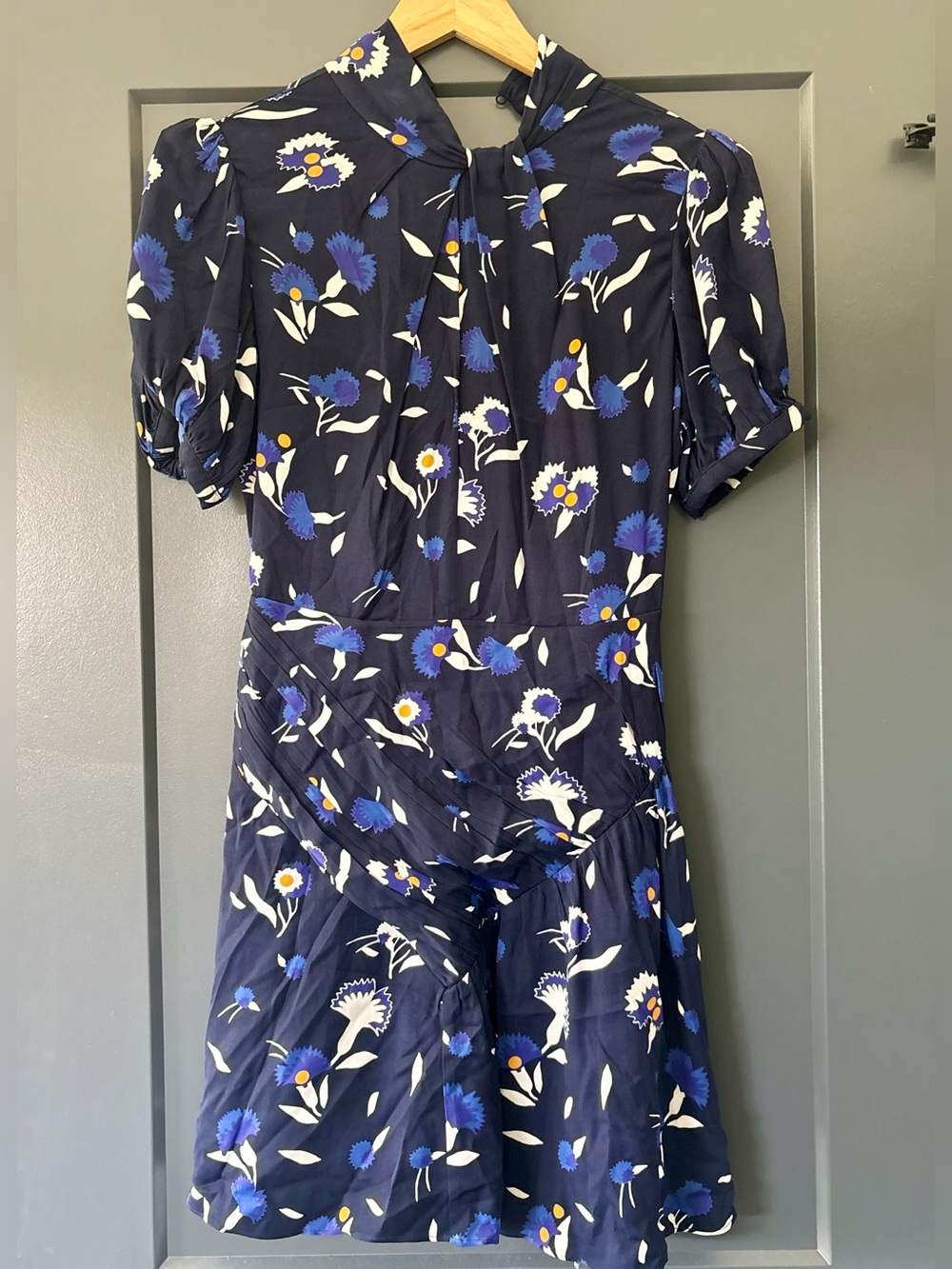 Self-Portrait Navy Floral Tie-Neck Mini Dress with Blue & White Blooms